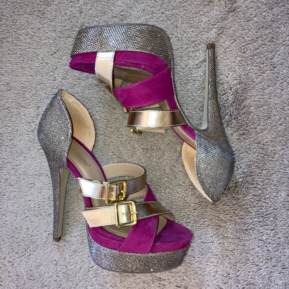 ShoeDazzle Naya pink & gold heels size 7.5 - Picture 1 of 5
